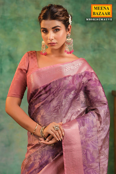 Mauve Tussar Silk Floral Art Printed Zari Woven Saree