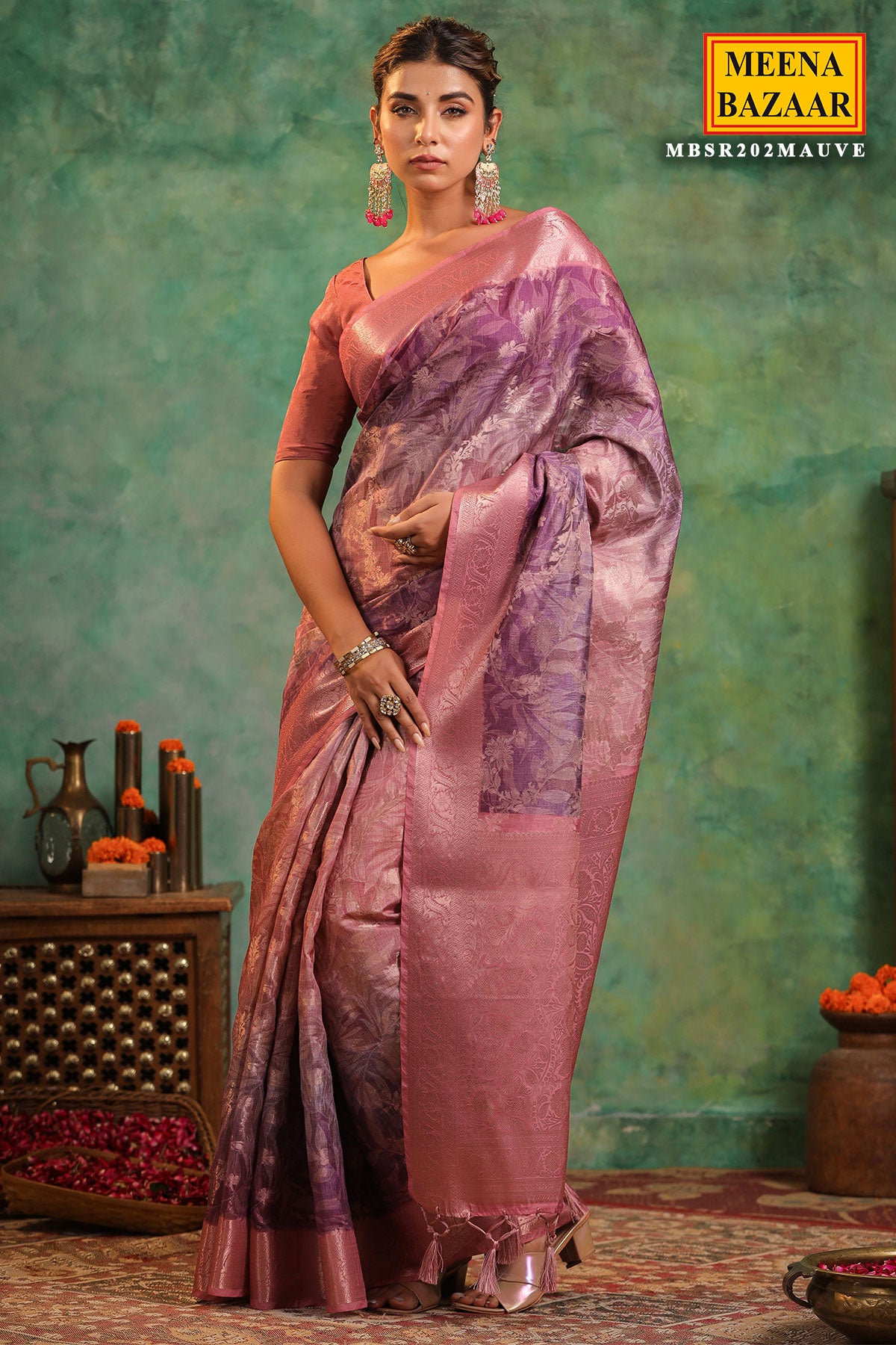 Mauve Tussar Silk Floral Art Printed Zari Woven Saree