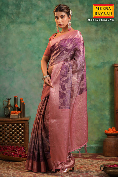 Mauve Tussar Silk Floral Art Printed Zari Woven Saree