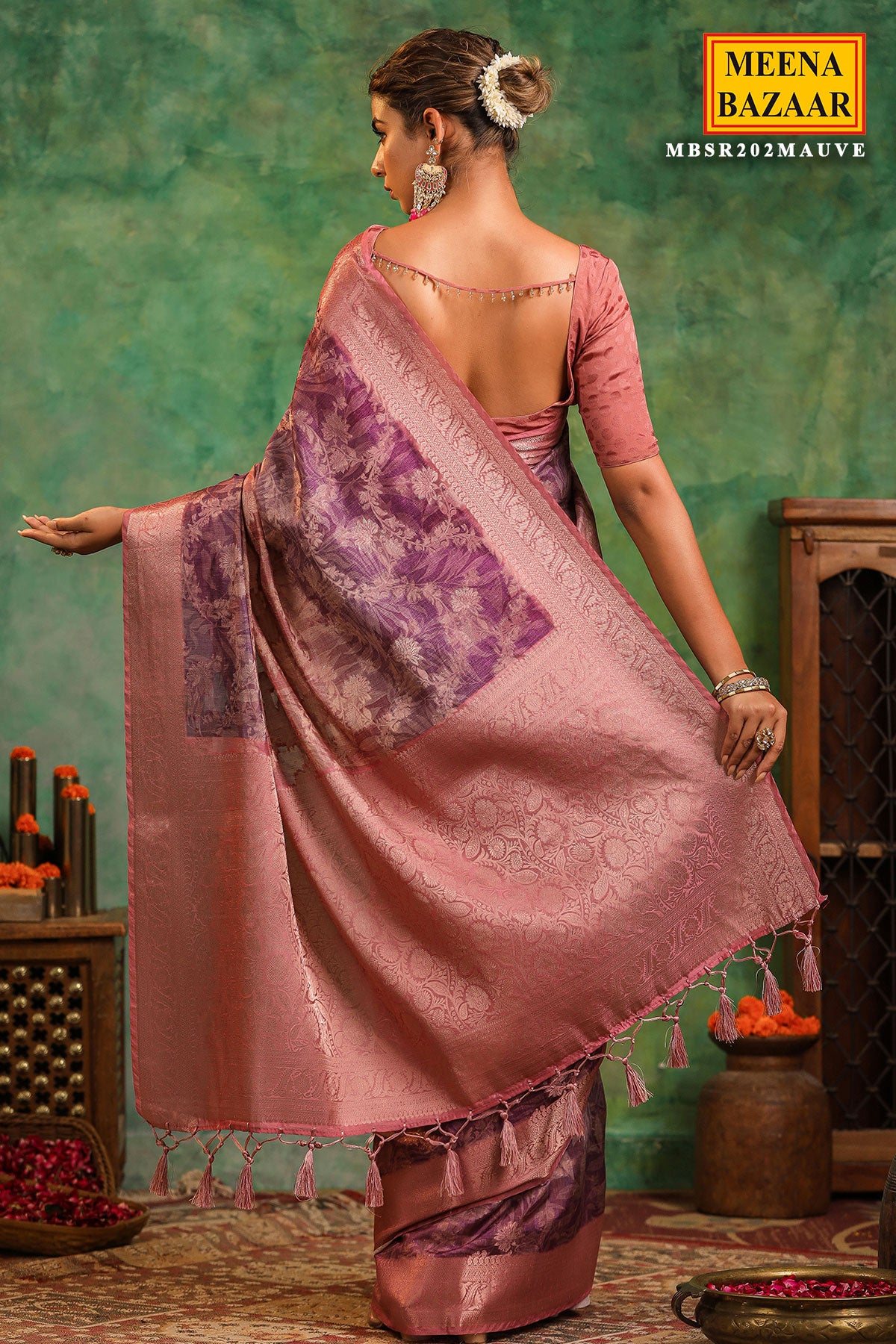 Mauve Tussar Silk Floral Art Printed Zari Woven Saree