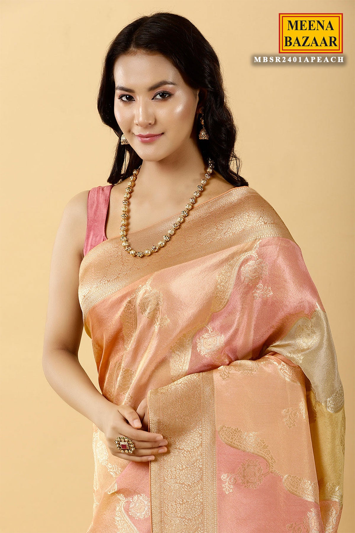 Peach Georgette Paisley and Floral Motif Zari Woven Saree