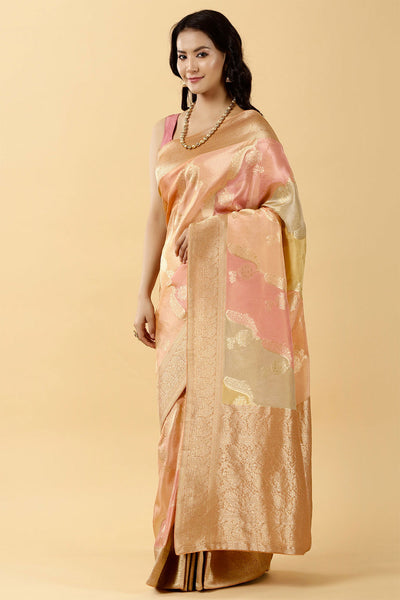 Peach Georgette Paisley and Floral Motif Zari Woven Saree