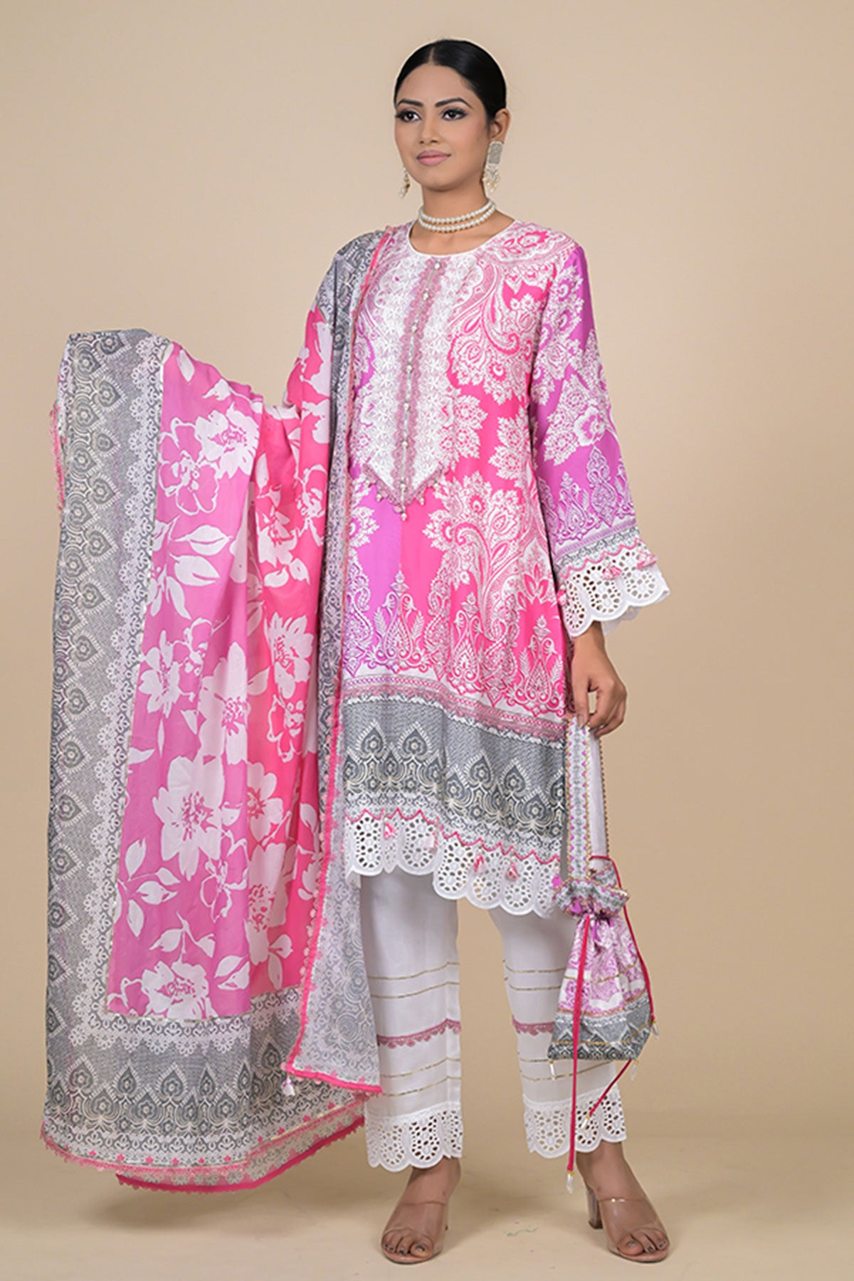 Pink Muslin Printed Embroidered Suit With Palazzo