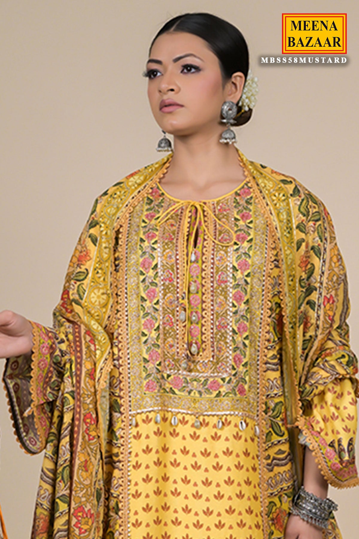 Mustard Muslin Printed Embroidered Suit With Palazzo
