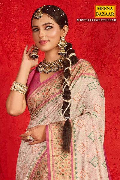 Cream Silk Blend Multi Colored Zari Woven Saree