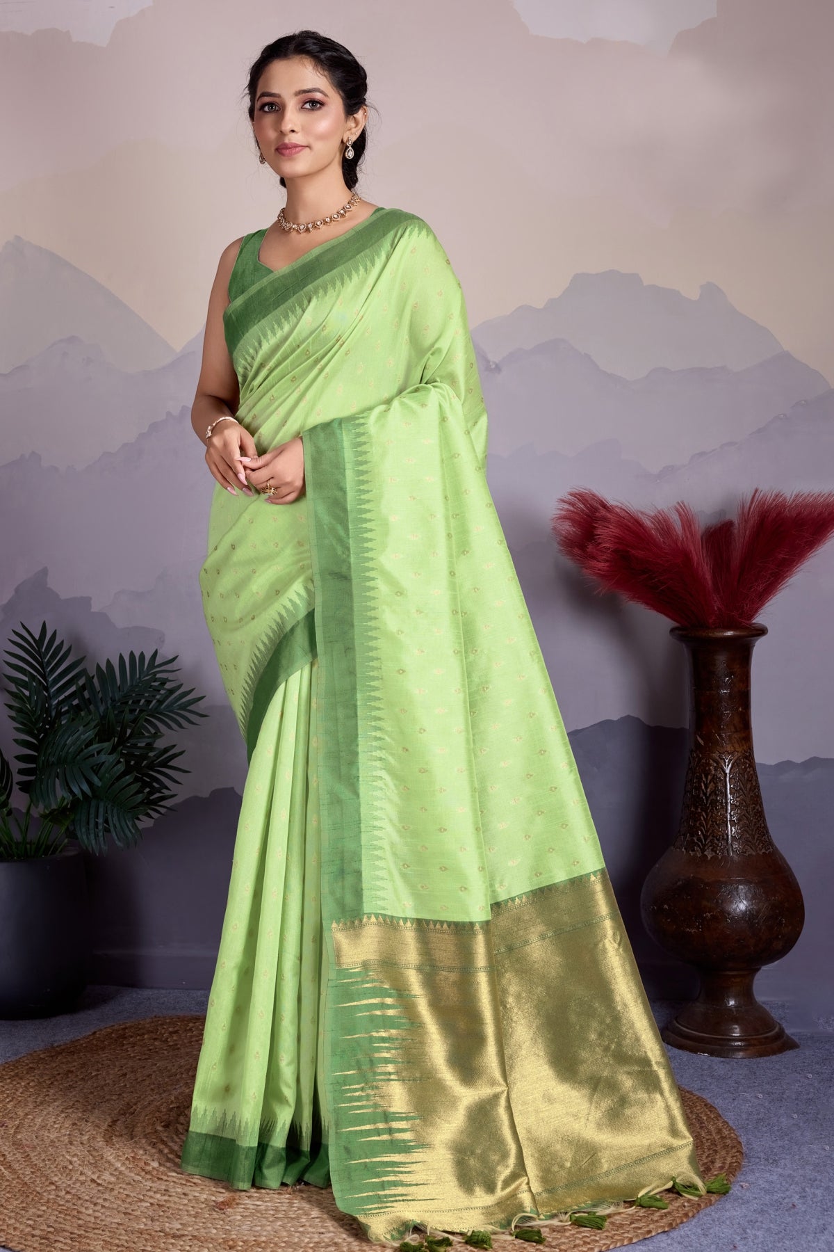 Pista Organza Saree With Zari Woven Motifs Print