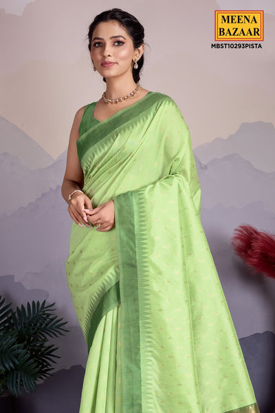 Pista Organza Saree With Zari Woven Motifs Print