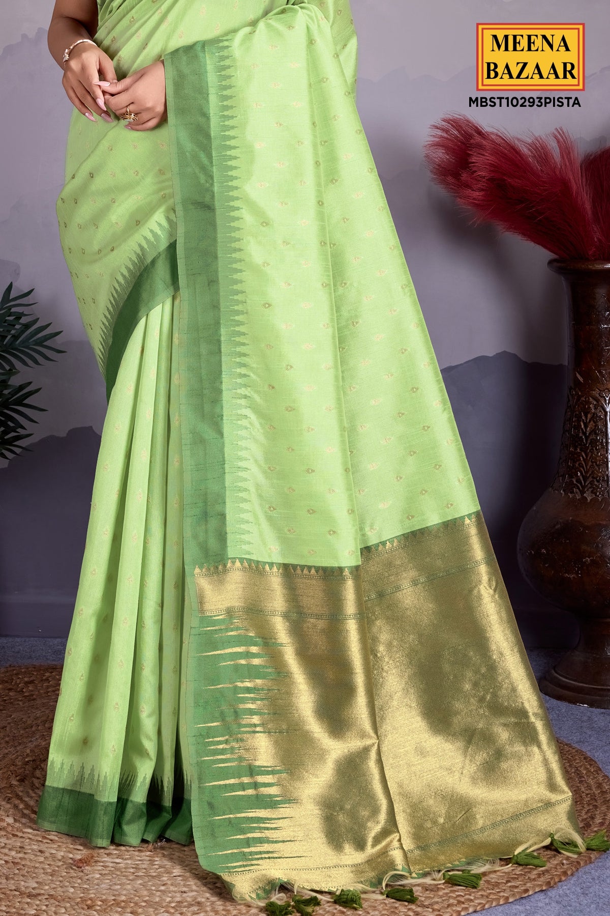 Pista Organza Saree With Zari Woven Motifs Print