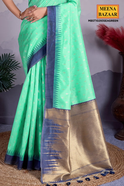 Sea Green Organza Saree With Zari Woven Motifs Print