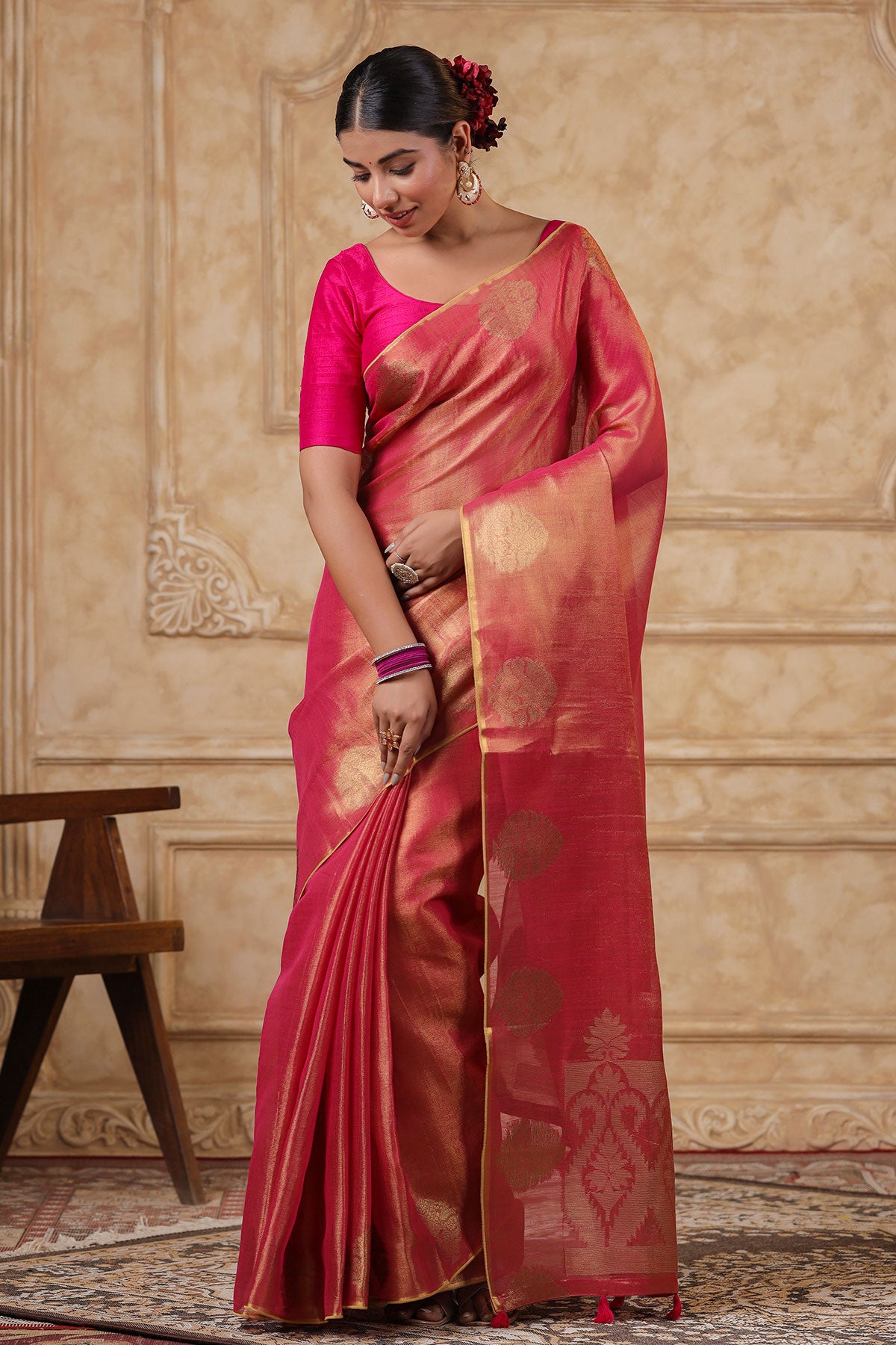 Rani Cotton Organza Zari Weaving Saree