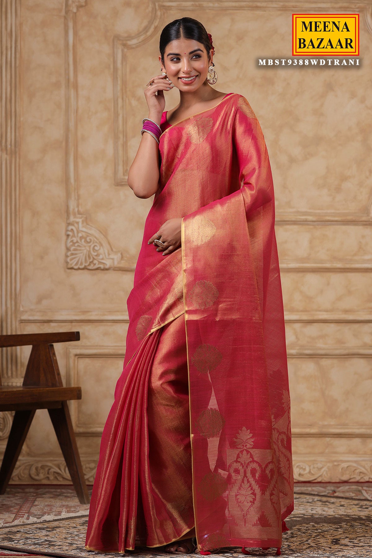 Rani Cotton Organza Zari Weaving Saree