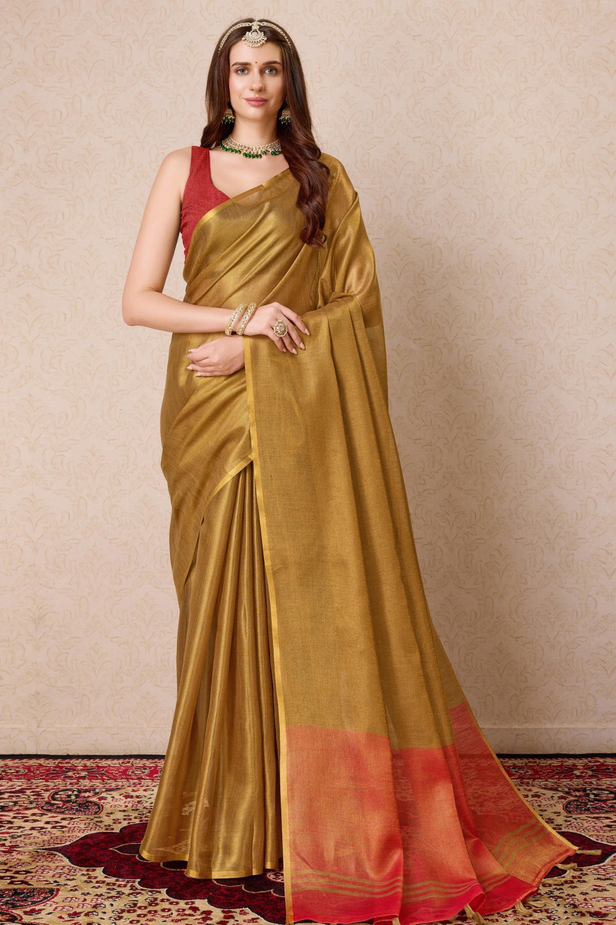 Brown Organza Woven Saree With Tassels