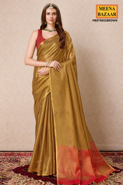 Brown Organza Woven Saree With Tassels