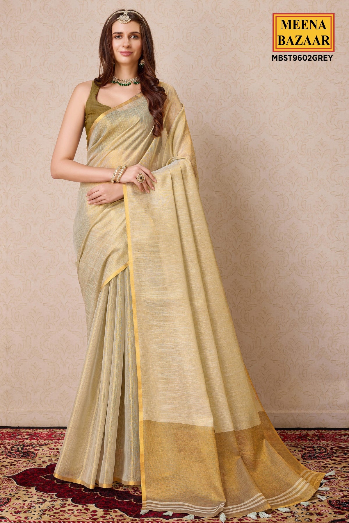 Grey Organza Woven Saree With Tassels