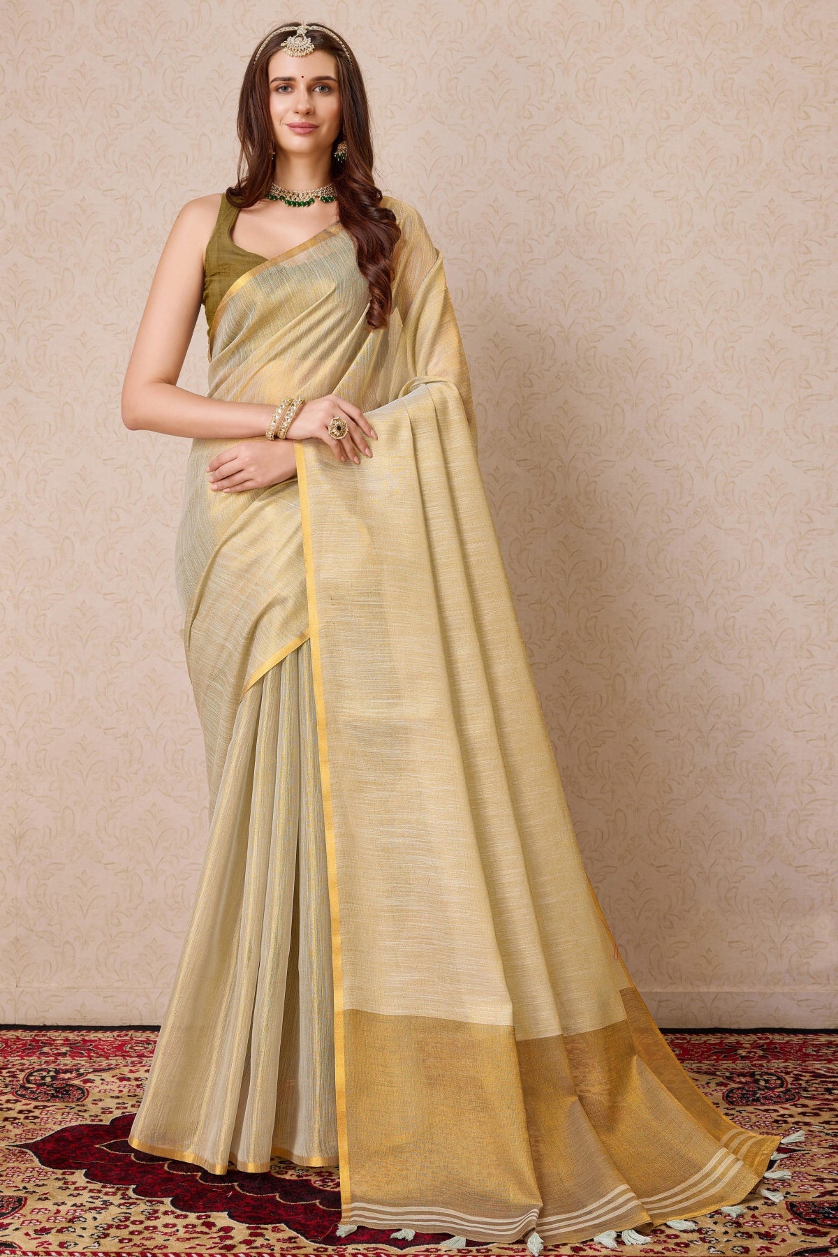 Grey Organza Woven Saree With Tassels