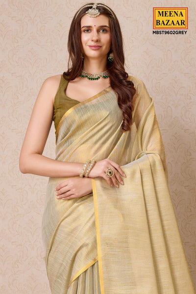 Grey Organza Woven Saree With Tassels