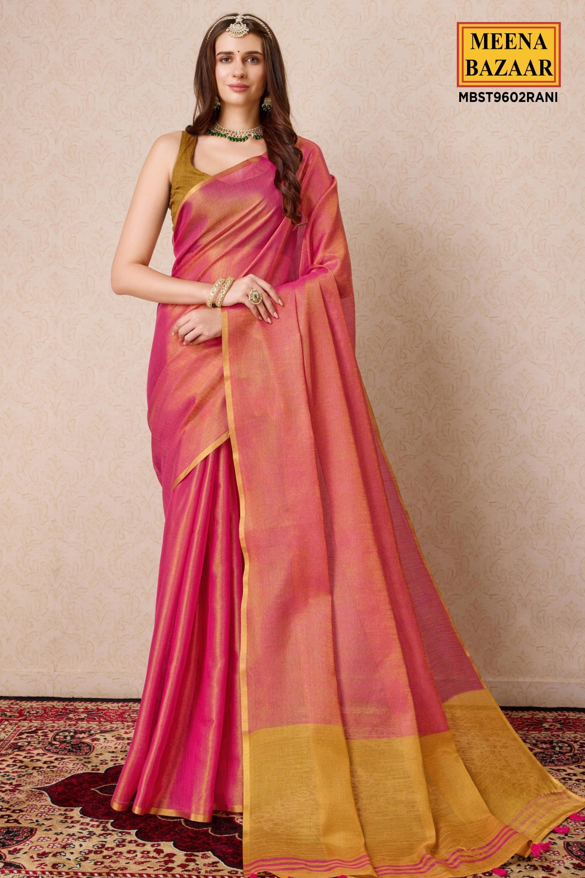 Rani Organza Woven Saree With Tassels