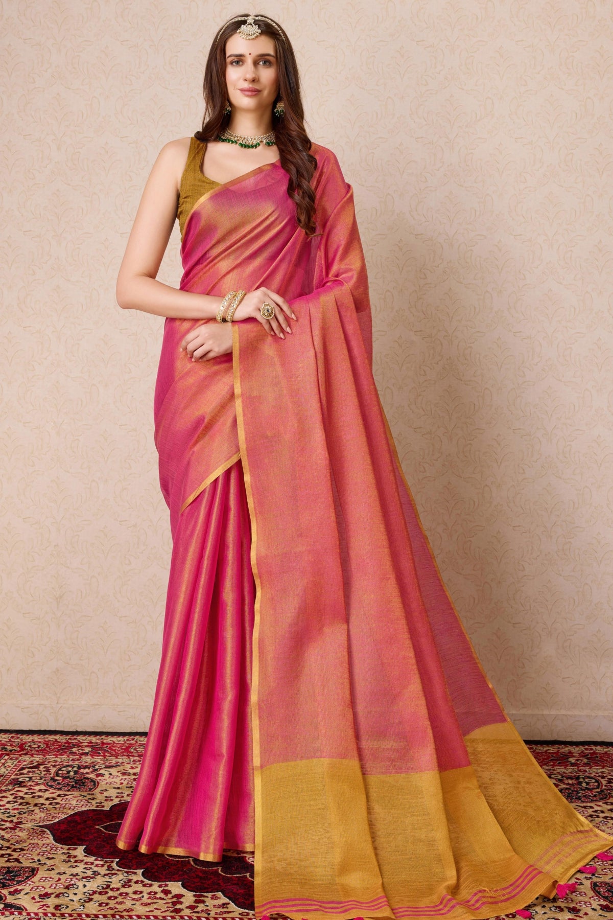 Rani Organza Woven Saree With Tassels