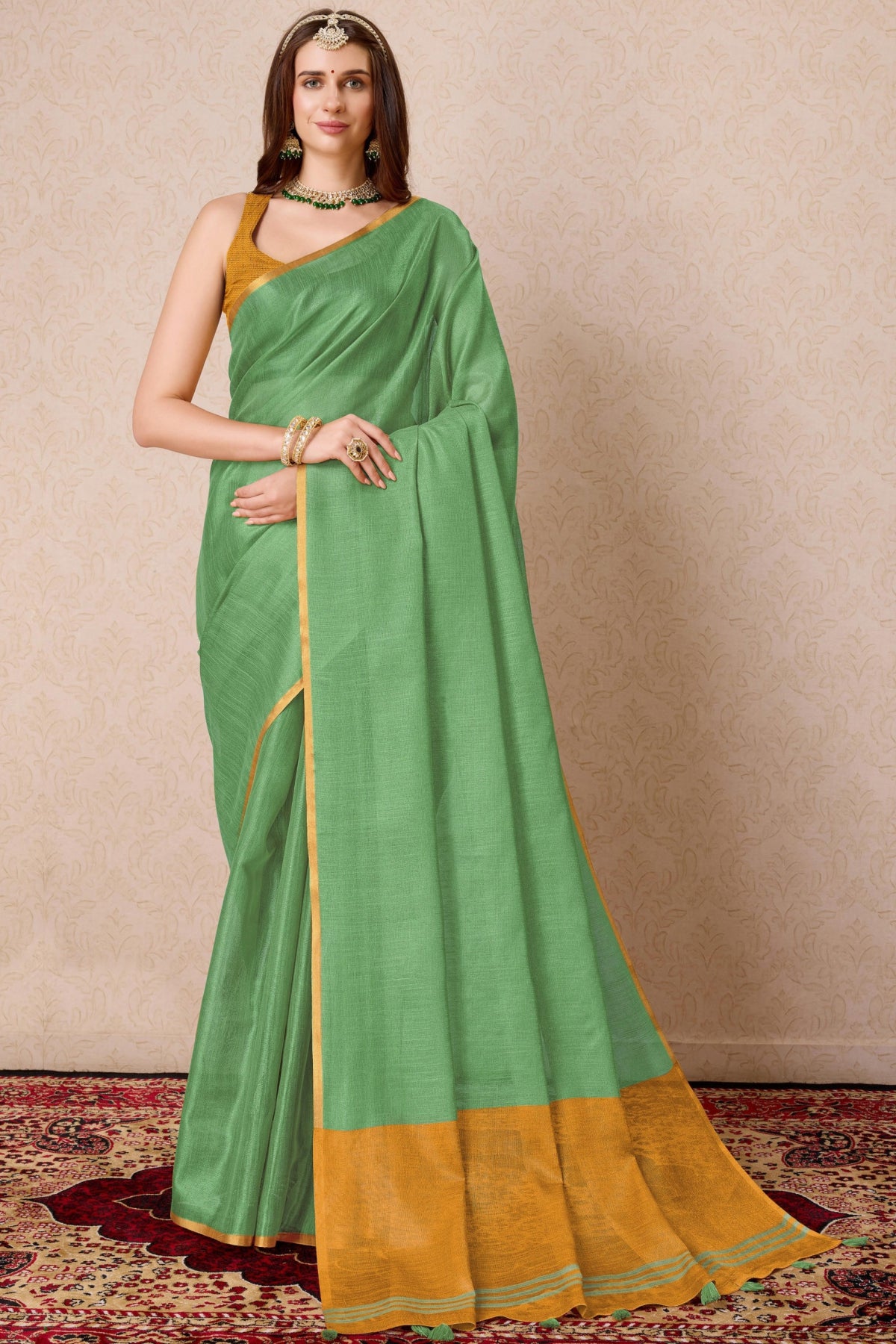 Sea Green Organza Woven Saree With Tassels