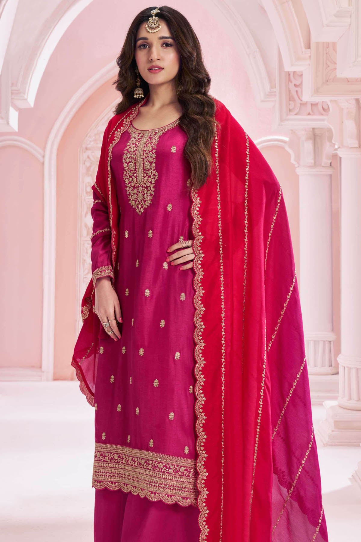 Rani Modal Silk Zari, Sequin Embroidered Unstitched Suit