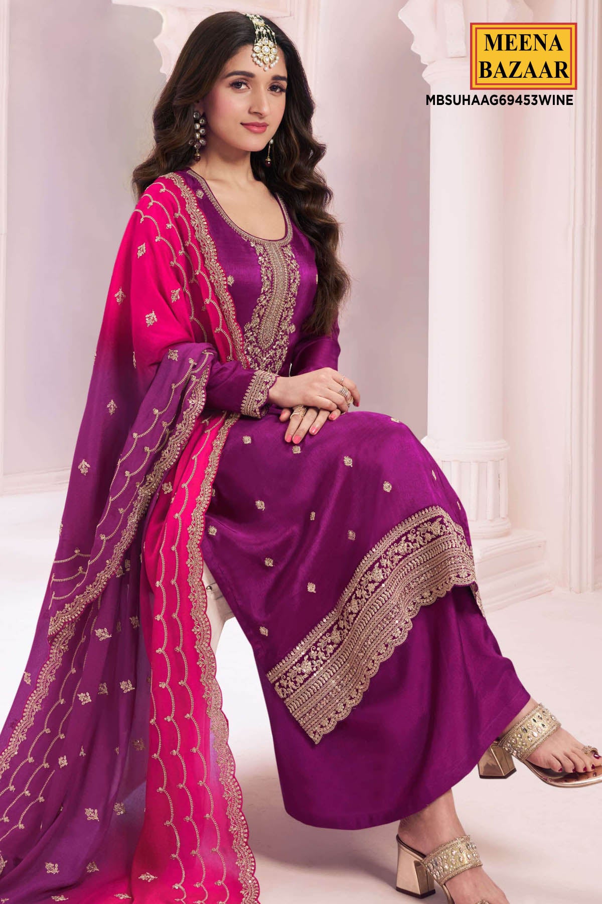 Wine Modal Silk Zari, Sequin Embroidered Unstitched Suit