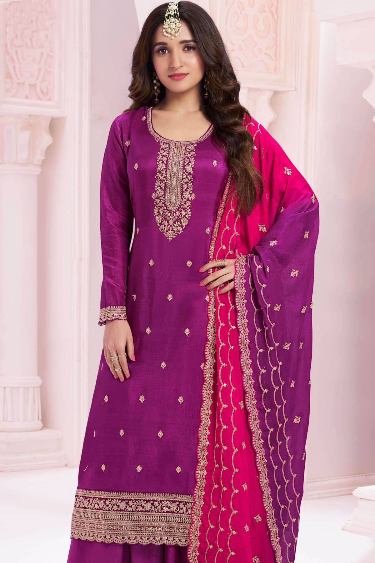 Wine Modal Silk Zari, Sequin Embroidered Unstitched Suit