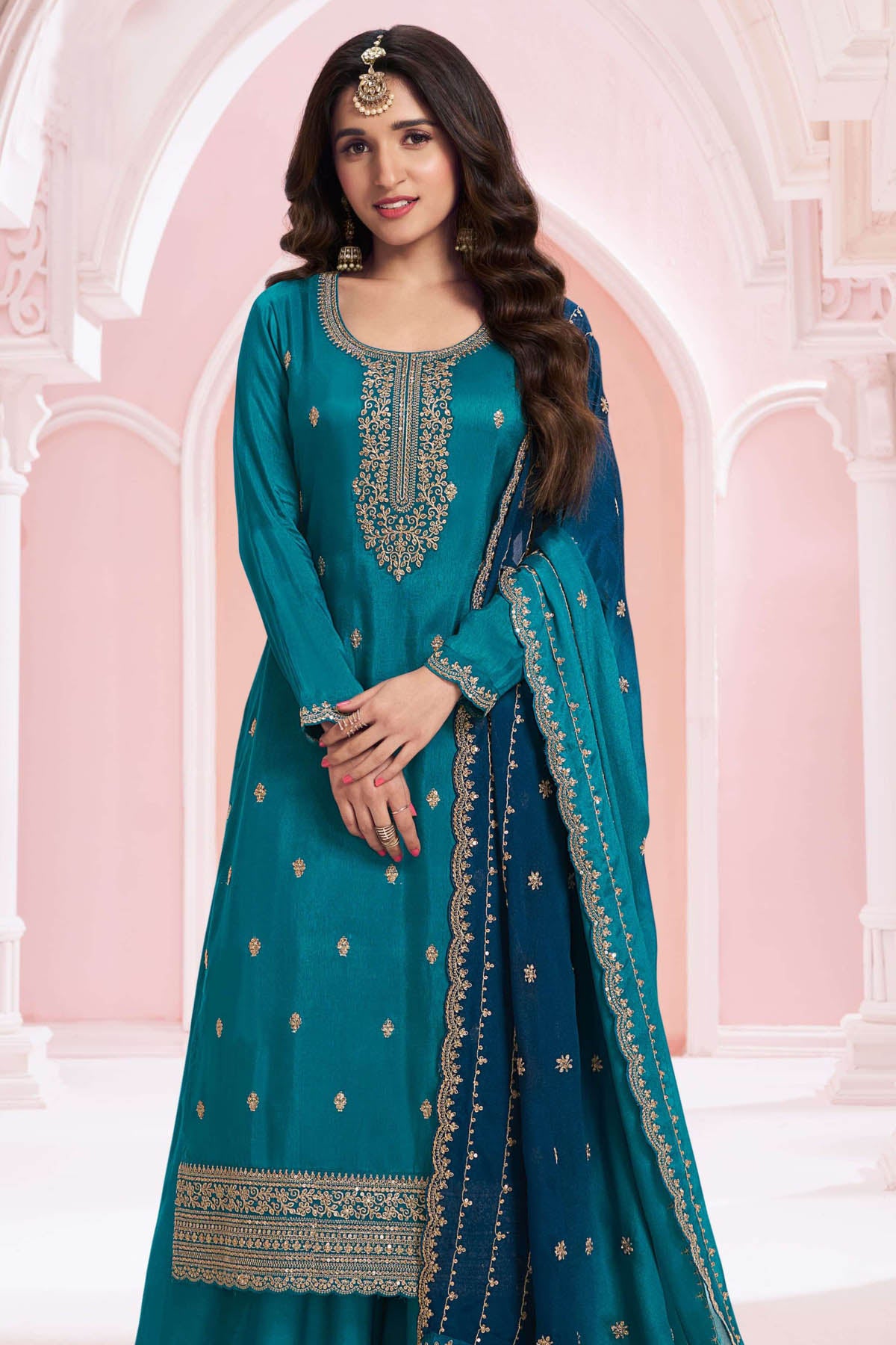 Firozi Modal Silk Zari, Sequin Embroidered Unstitched Suit