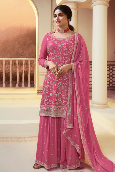 Pink Chinon Floral Motif Sequins and Zari Embroidered Suit Set