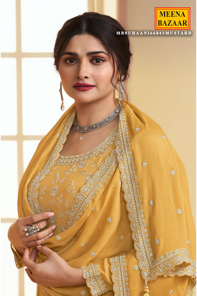 Mustard Chinon Floral Motif Sequins and Zari Embroidered Suit Set