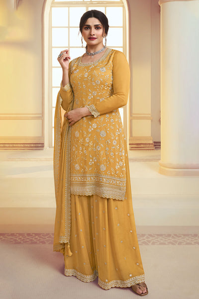 Mustard Chinon Floral Motif Sequins and Zari Embroidered Suit Set