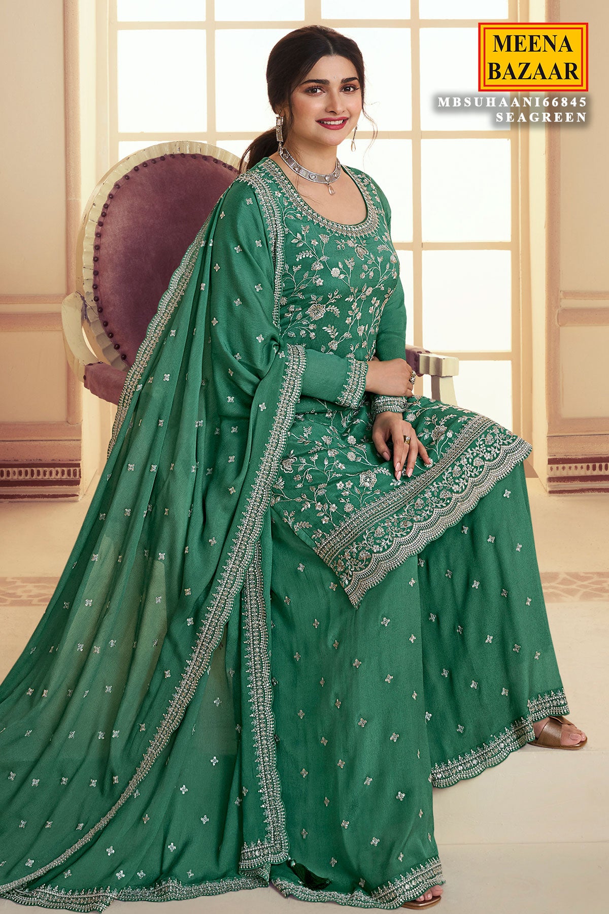 Sea Green Chinon Floral Motif Sequins and Zari Embroidered Suit Set