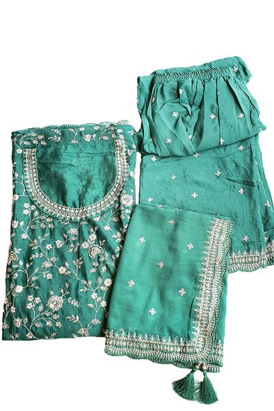 Sea Green Chinon Floral Motif Sequins and Zari Embroidered Suit Set