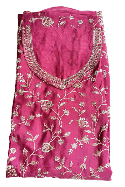 Pink Chinon Floral Motif Sequins and Zari Embroidered Suit Set