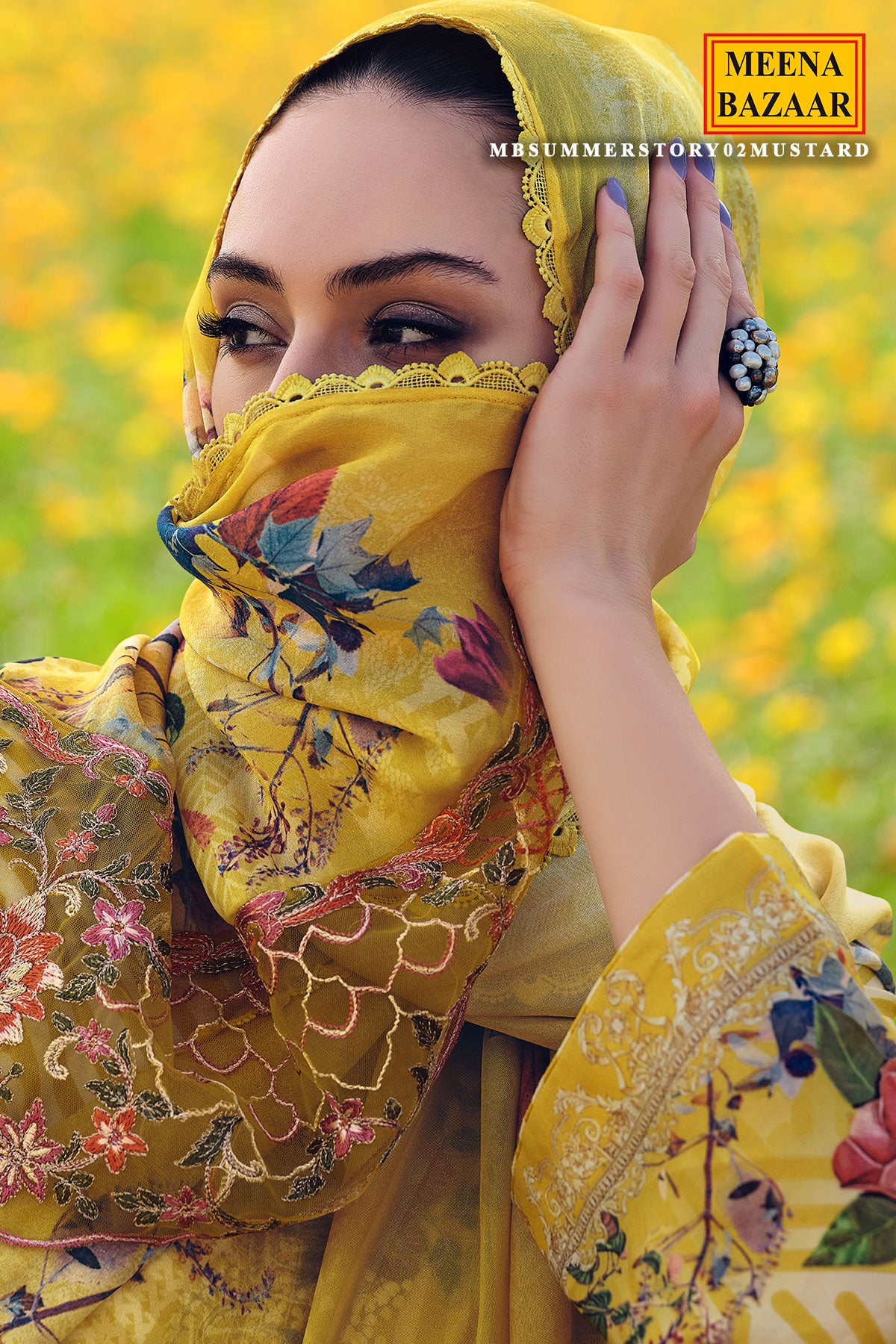 Mustard Muslin Printed Unstitched Suit With Thread Embroidered Neck