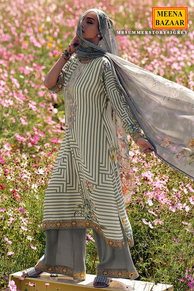 Grey Muslin Printed Unstitched Suit With Thread Embroidered Neck