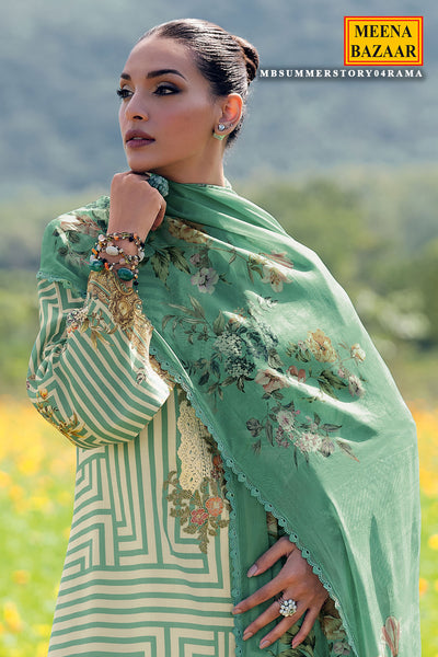 Rama Green Muslin Printed Unstitched Suit With Thread Embroidered Neck