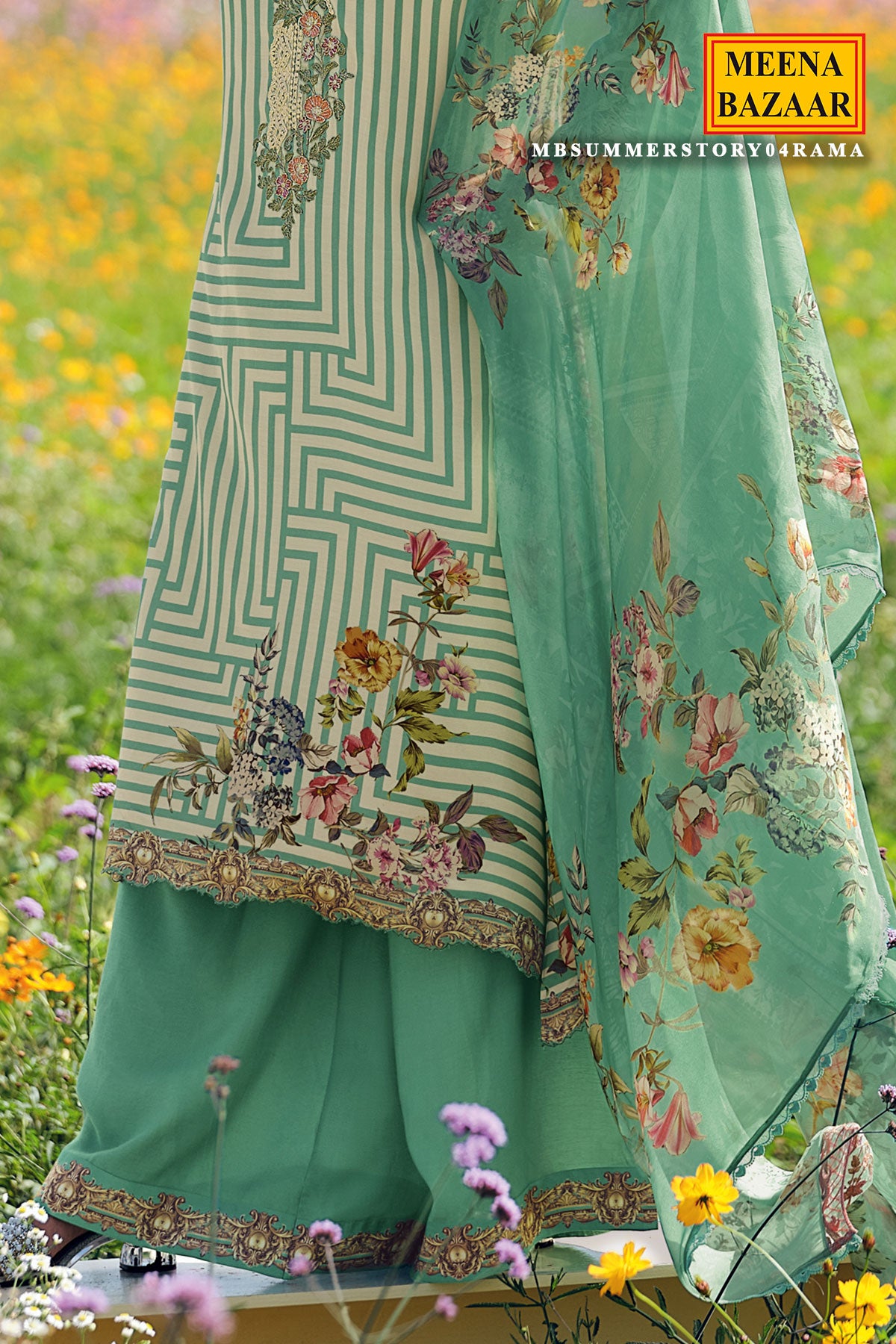 Rama Green Muslin Printed Unstitched Suit With Thread Embroidered Neck