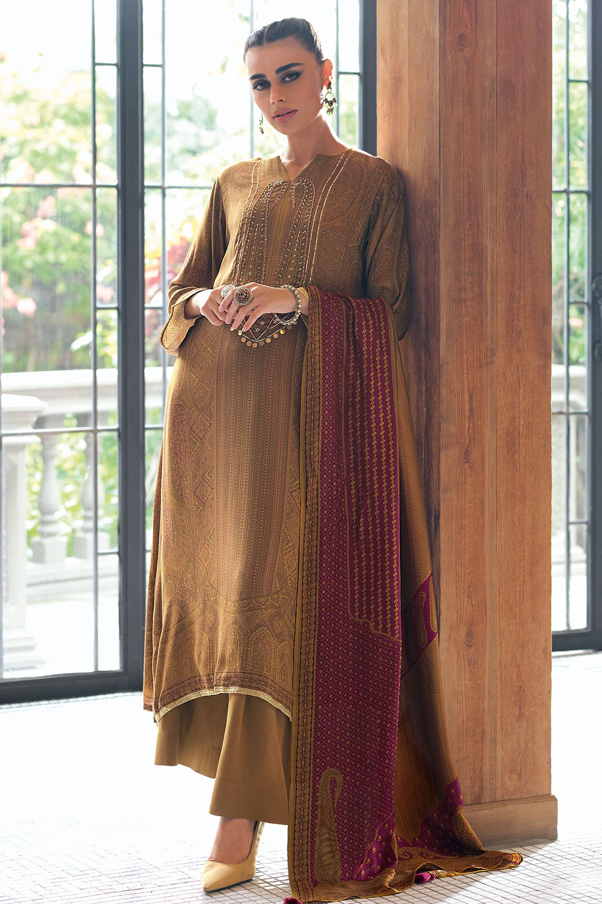 Mustard Modal Satin Printed Threadwork Embroidered Suit Set