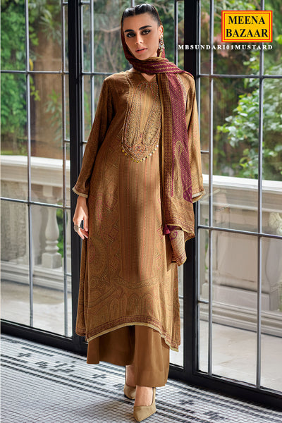 Mustard Modal Satin Printed Threadwork Embroidered Suit Set