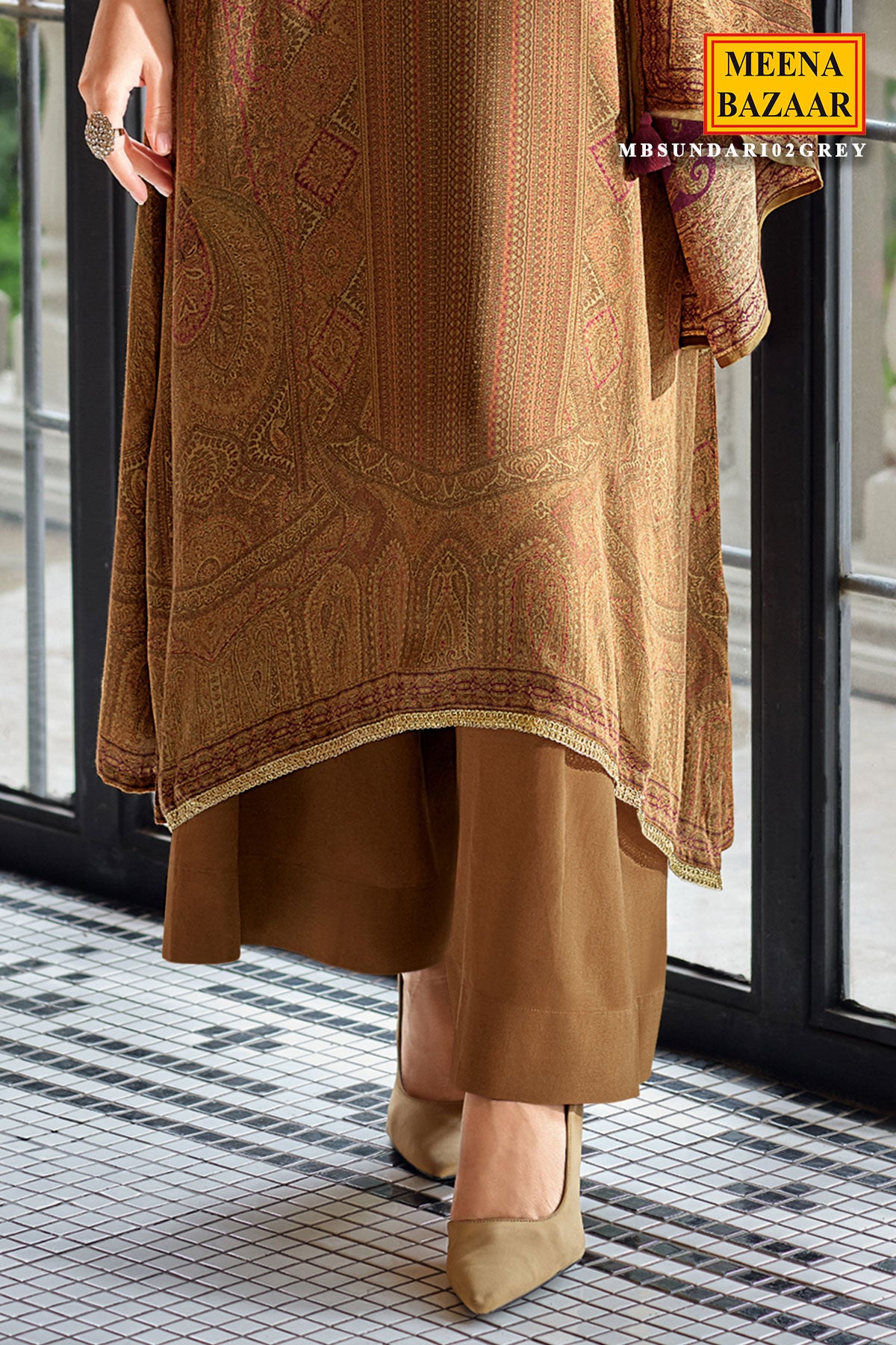 Mustard Modal Satin Printed Threadwork Embroidered Suit Set