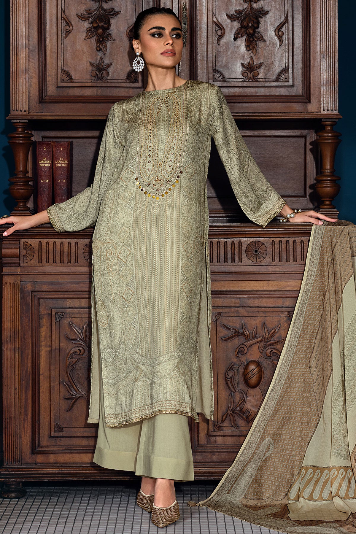 Cream Modal Satin Printed Threadwork Embroidered Suit Set