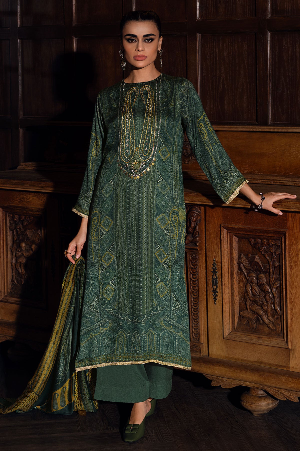 Green Modal Satin Printed Threadwork Embroidered Suit Set