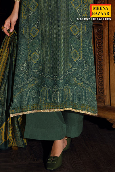 Green Modal Satin Printed Threadwork Embroidered Suit Set