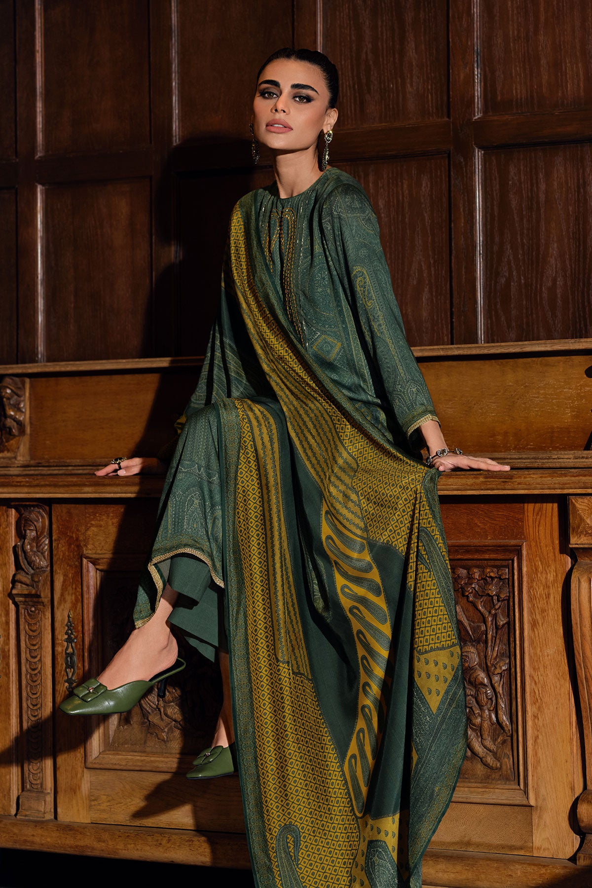 Green Modal Satin Printed Threadwork Embroidered Suit Set