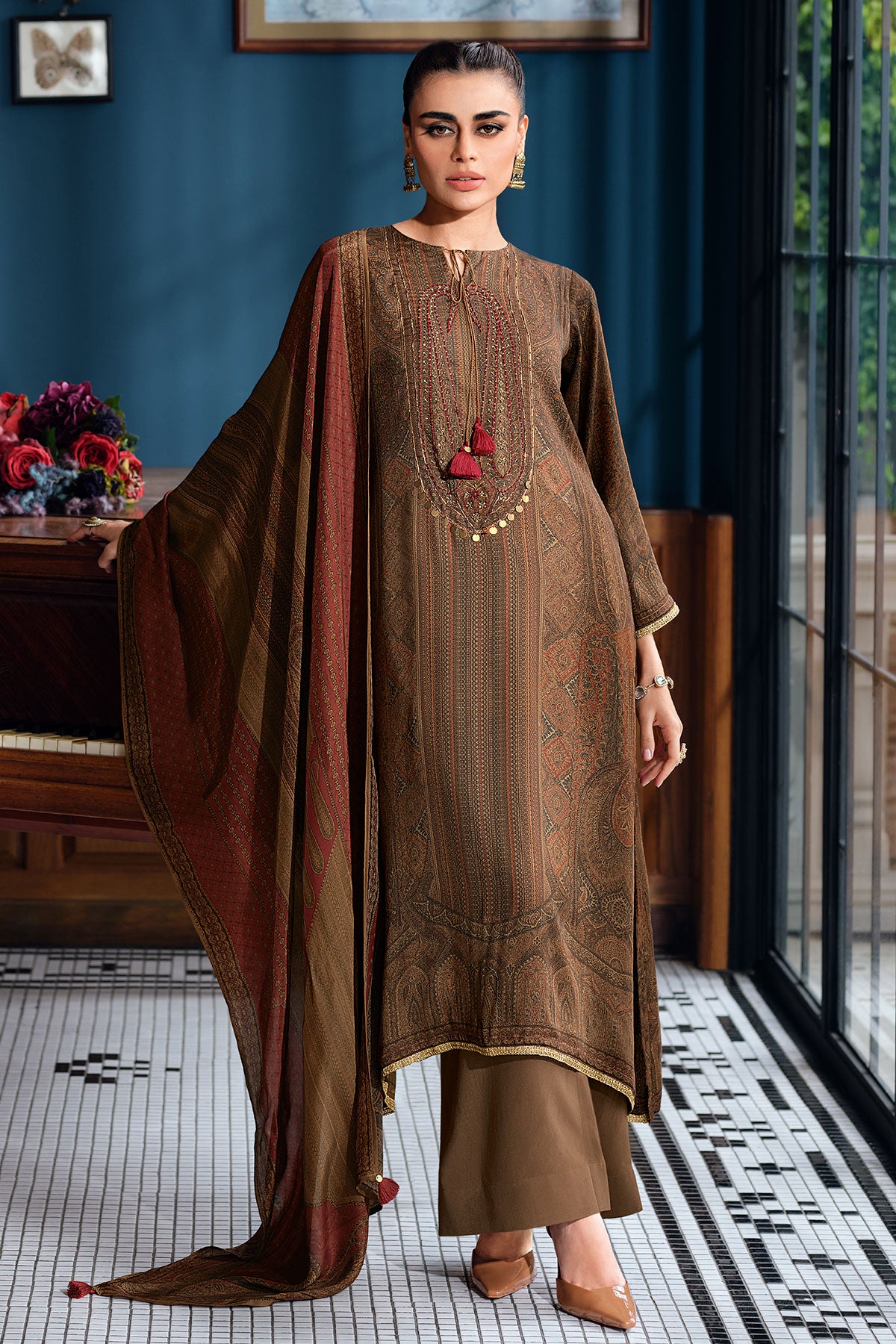 Brown Modal Satin Printed Threadwork Embroidered Suit Set