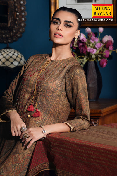 Brown Modal Satin Printed Threadwork Embroidered Suit Set