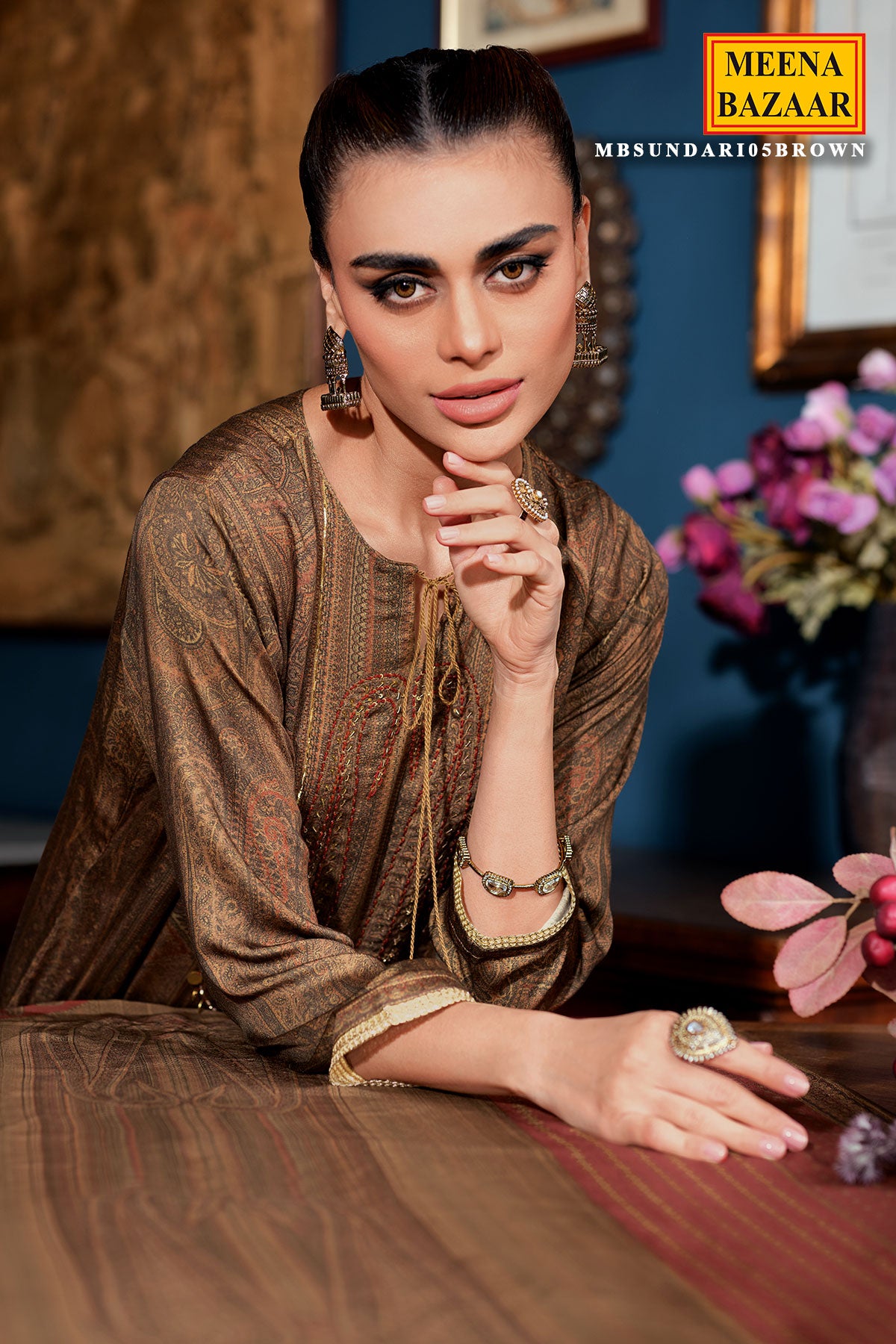 Brown Modal Satin Printed Threadwork Embroidered Suit Set