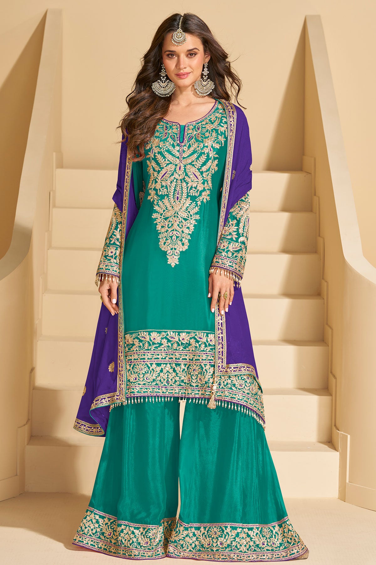 Elegant Rama Green Chinon Silk Sharara Suit with Heavy Embroidery & Mirror Work