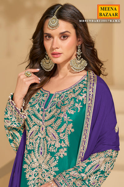 Elegant Rama Green Chinon Silk Sharara Suit with Heavy Embroidery & Mirror Work