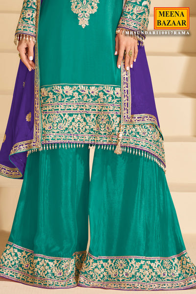 Elegant Rama Green Chinon Silk Sharara Suit with Heavy Embroidery & Mirror Work